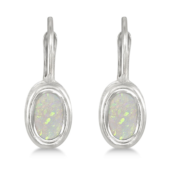 Bezel-Set Oval Opal Lever-Back Earrings 14k White Gold