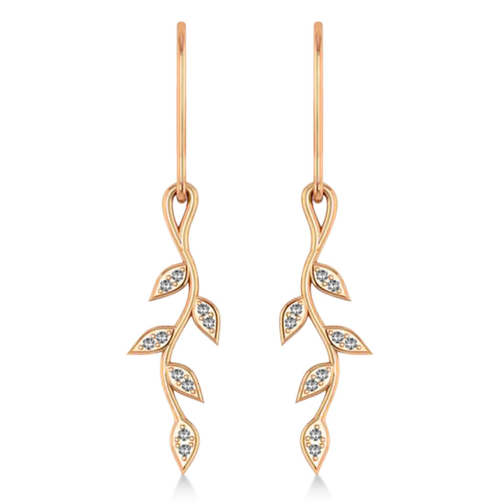 Diamond Olive Vine Leaf Drop Earrings 14k Rose Gold (0.20ct)