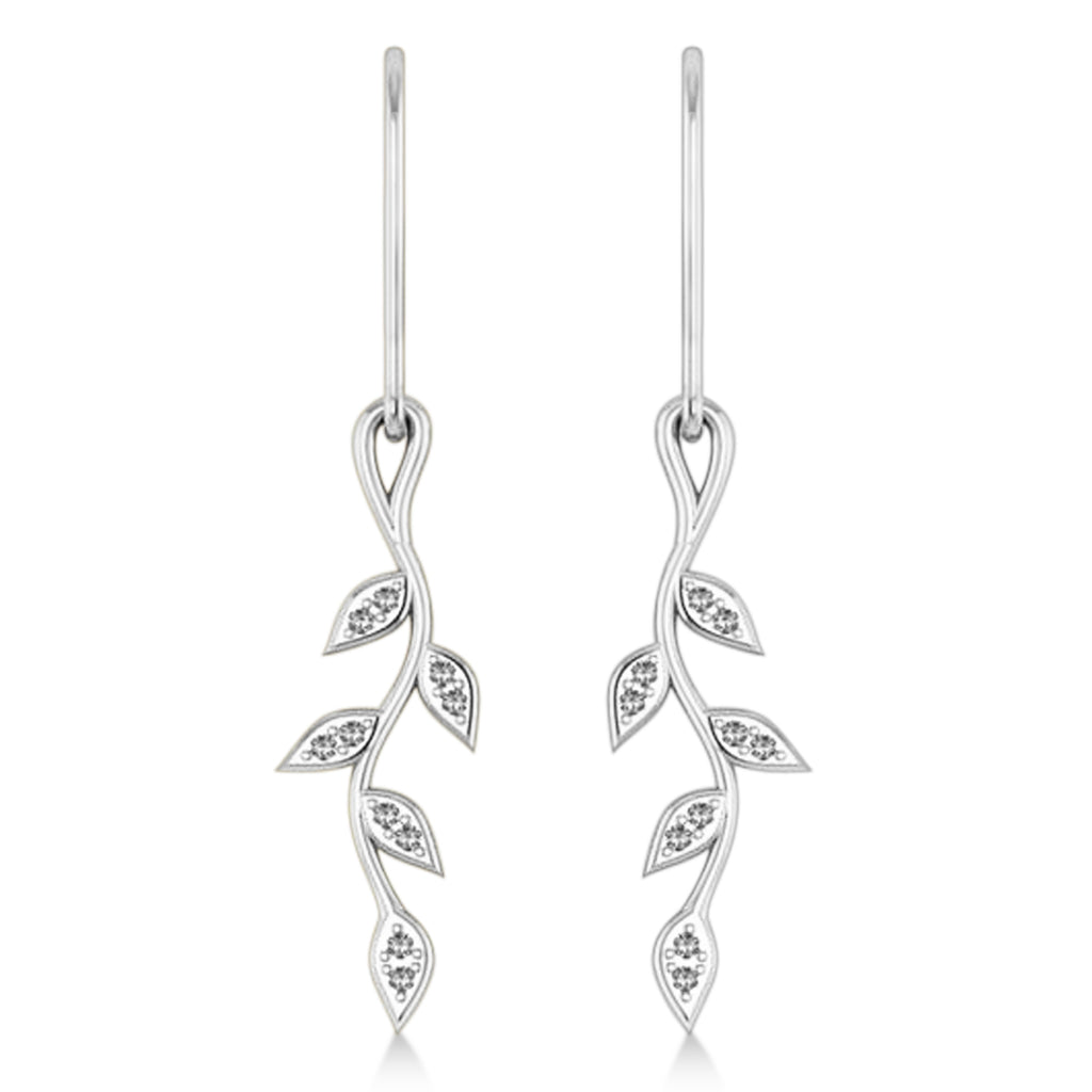 Diamond Olive Vine Leaf Drop Earrings 14k White Gold (0.20ct)