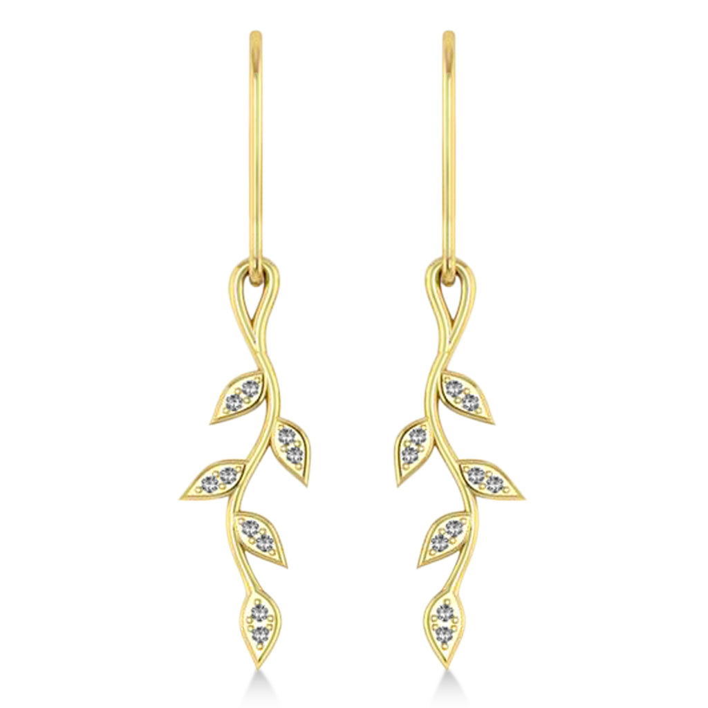 Diamond Olive Vine Leaf Drop Earrings 14k Yellow Gold (0.20ct)