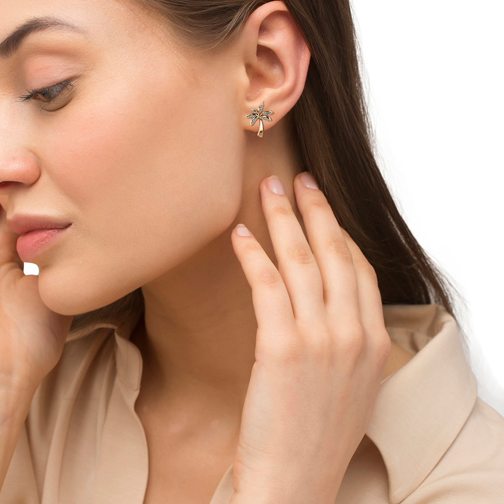 Diamond Palm Tree Summer Earrings 14k Yellow Gold (0.20ct)