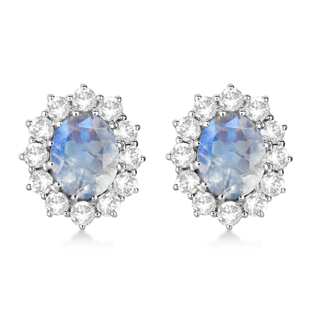Oval Moonstone and Diamond Earrings 14k White Gold (5.50ctw)