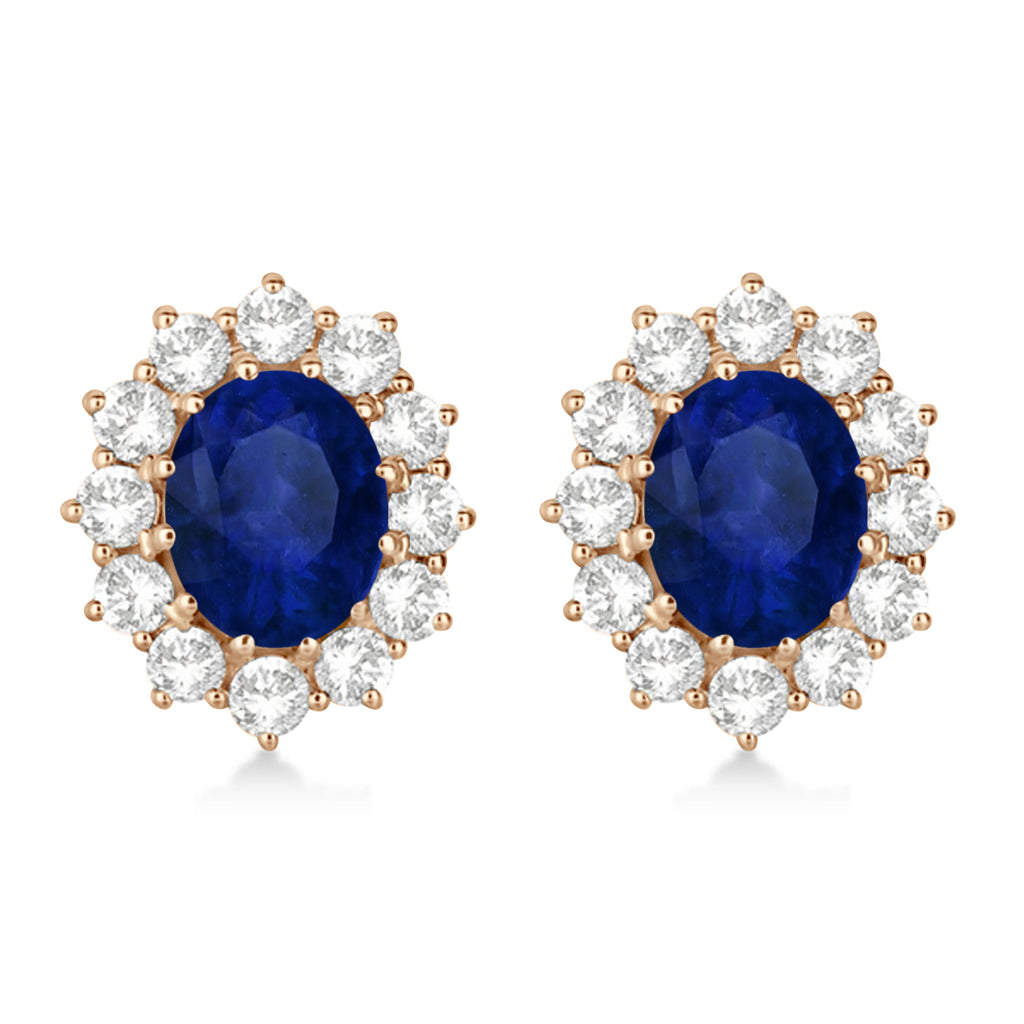 Oval Lab Blue Sapphire and Diamond Earrings 14k Rose Gold (7.10ctw)