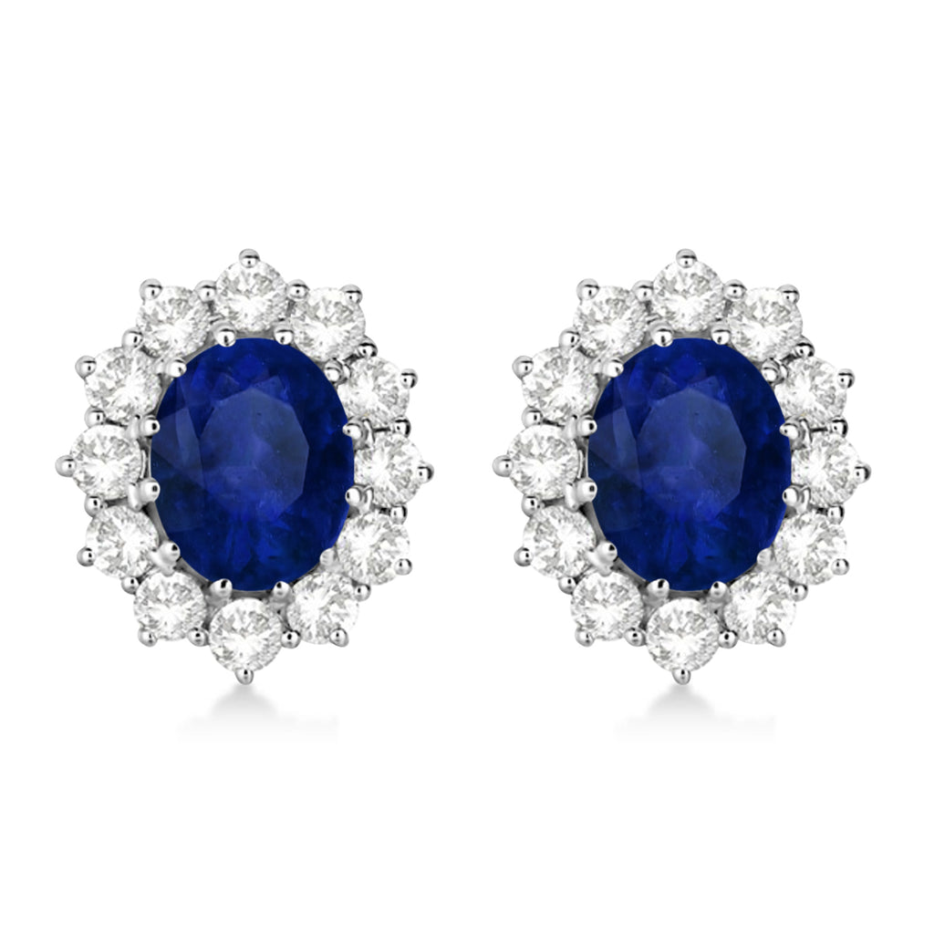 Oval Lab Blue Sapphire & Diamond Accented Earrings 14k White Gold (7.10ctw)