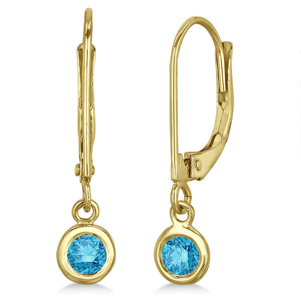 Leverback Dangling Drop Blue Diamond Earrings 14k Yellow Gold (0.30ct)