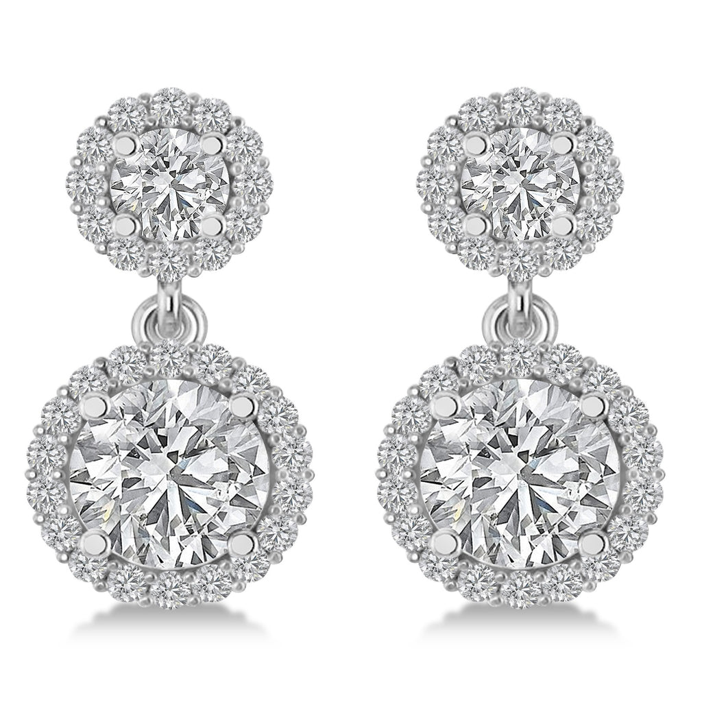 Two Stone Dangling Halo Diamond Earrings 14k White Gold (3.00ct)