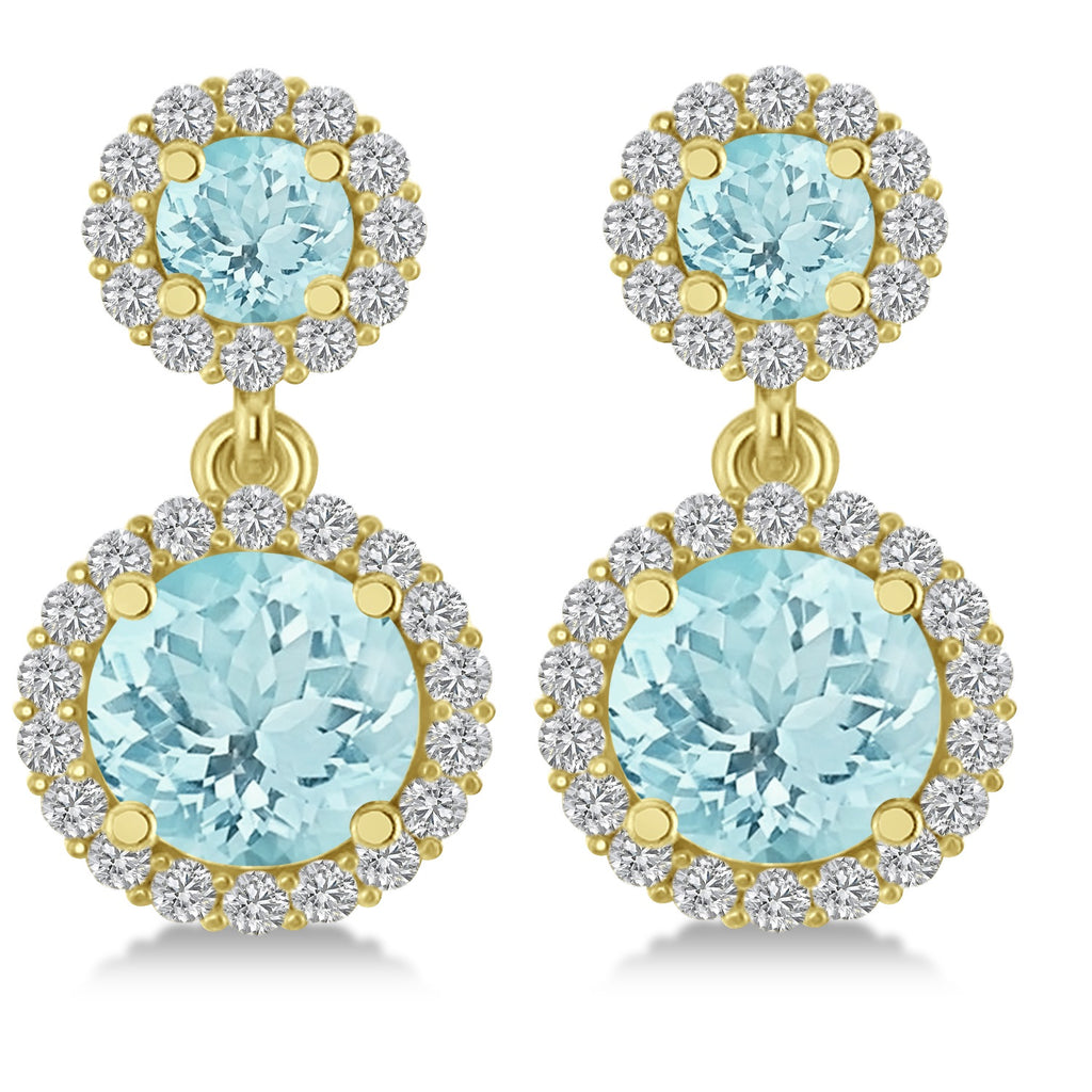 Two Stone Dangling Aquamarine & Diamond Earrings 14k Yellow Gold (3.00ct)
