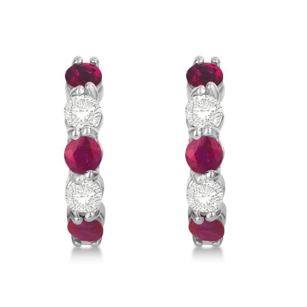 Prong Set Ruby & Diamond Hoop Earrings 14k White Gold (1.94ct)