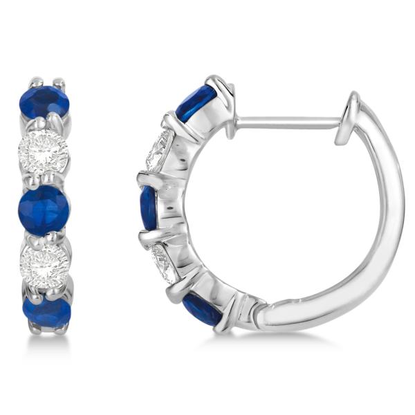 Prong Set Lab Blue Sapphire & Lab Diamond Hoop Earrings 14k White Gold (2.06ct)