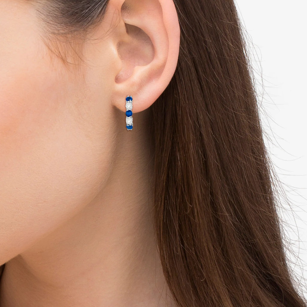 Prong Set Lab Blue Sapphire & Lab Diamond Hoop Earrings 14k White Gold (2.06ct)