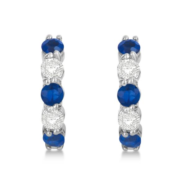 Prong Set Blue Sapphire & Diamond Hoop Earrings 14k White Gold (2.06ct)