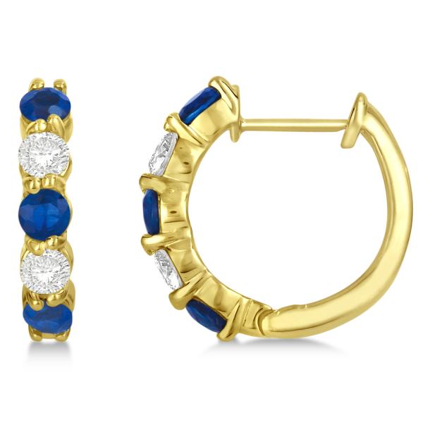 Prong Set Lab Blue Sapphire & Lab Diamond Hoop Earrings 14k Yellow Gold (2.06ct)