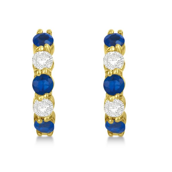 Prong Set Lab Blue Sapphire & Lab Diamond Hoop Earrings 14k Yellow Gold (2.06ct)