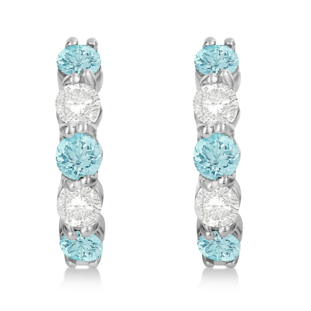 Prong Set Aquamarine & Diamond Hoop Earrings 14k White Gold (1.94ct)