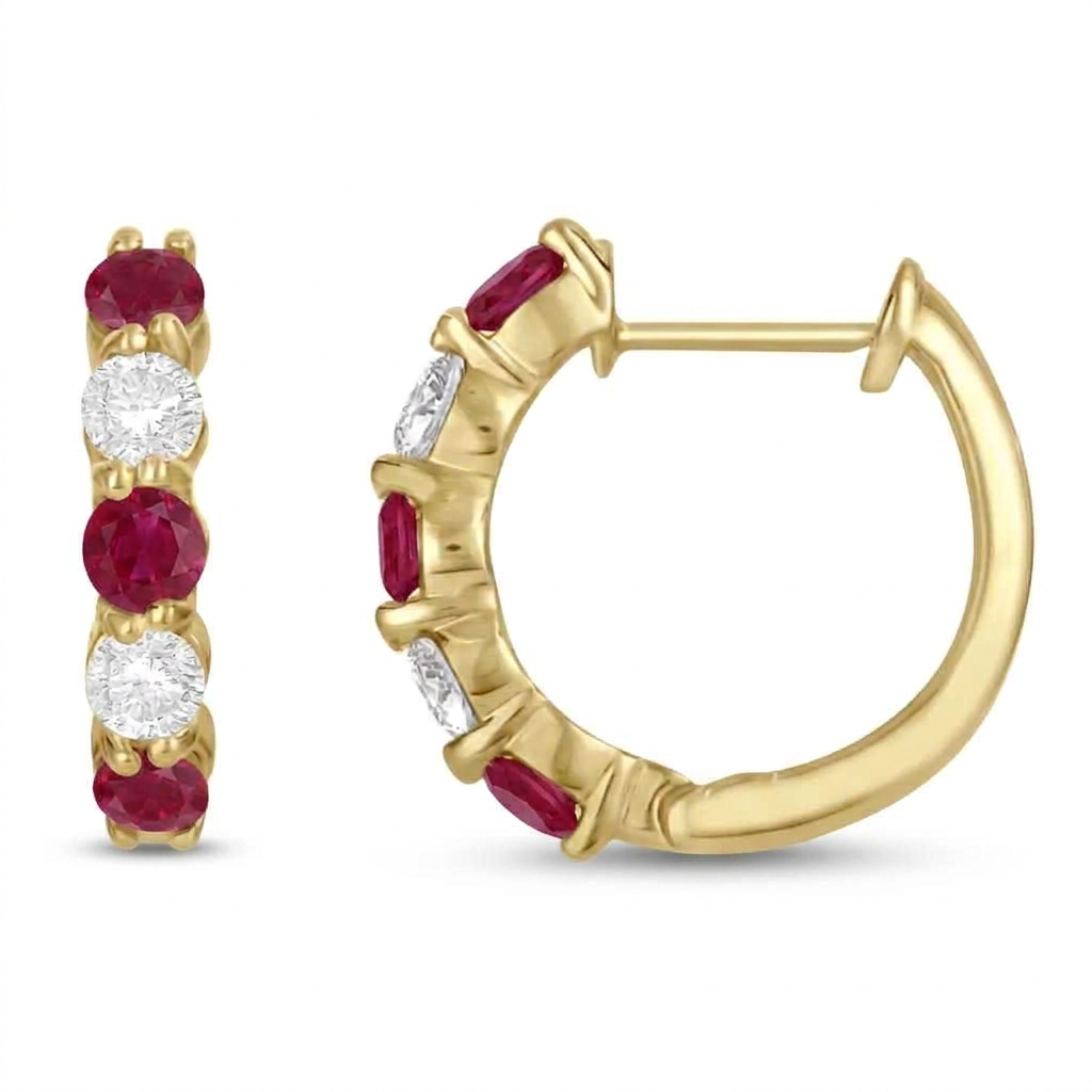 Prong Set Lab Ruby & Lab Diamond Hoop Earrings 14k Yellow Gold (1.94ct)