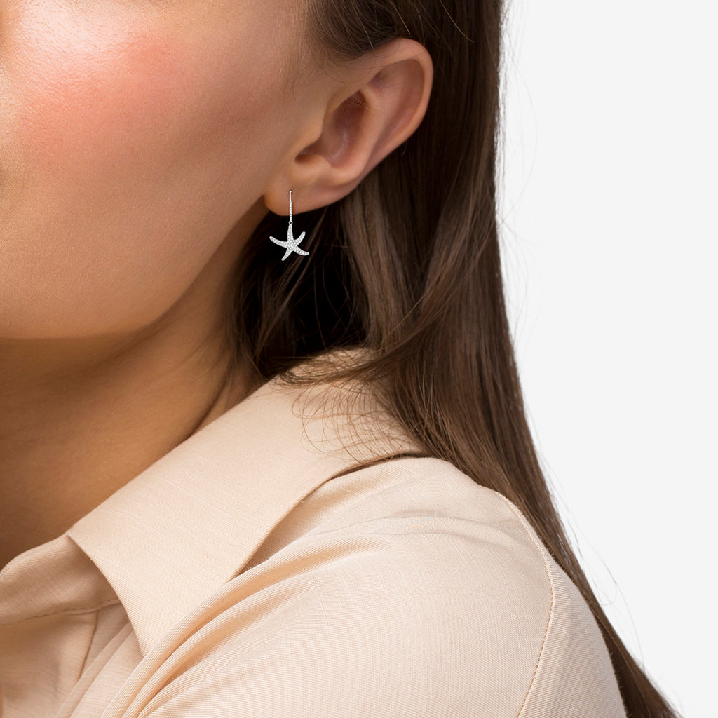 Dangling Starfish Diamond Earrings Pave Set 14k White Gold (1.17ct)