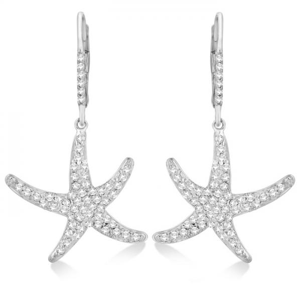 Dangling Starfish Diamond Earrings Pave Set 14k White Gold (1.17ct)