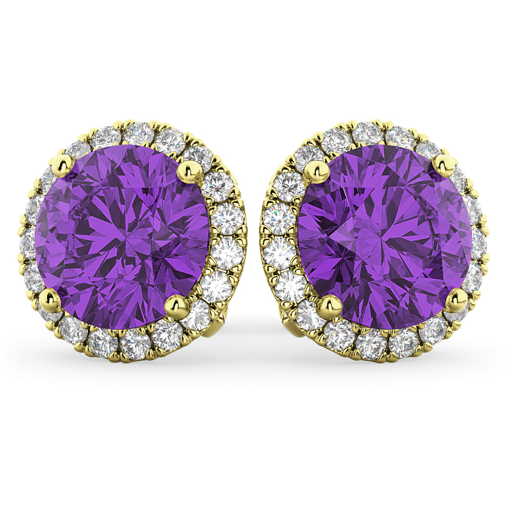 Halo Round Amethyst & Diamond Earrings 14k Yellow Gold (4.17ct)