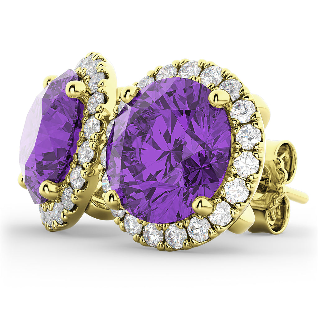 Halo Round Amethyst & Diamond Earrings 14k Yellow Gold (4.17ct)