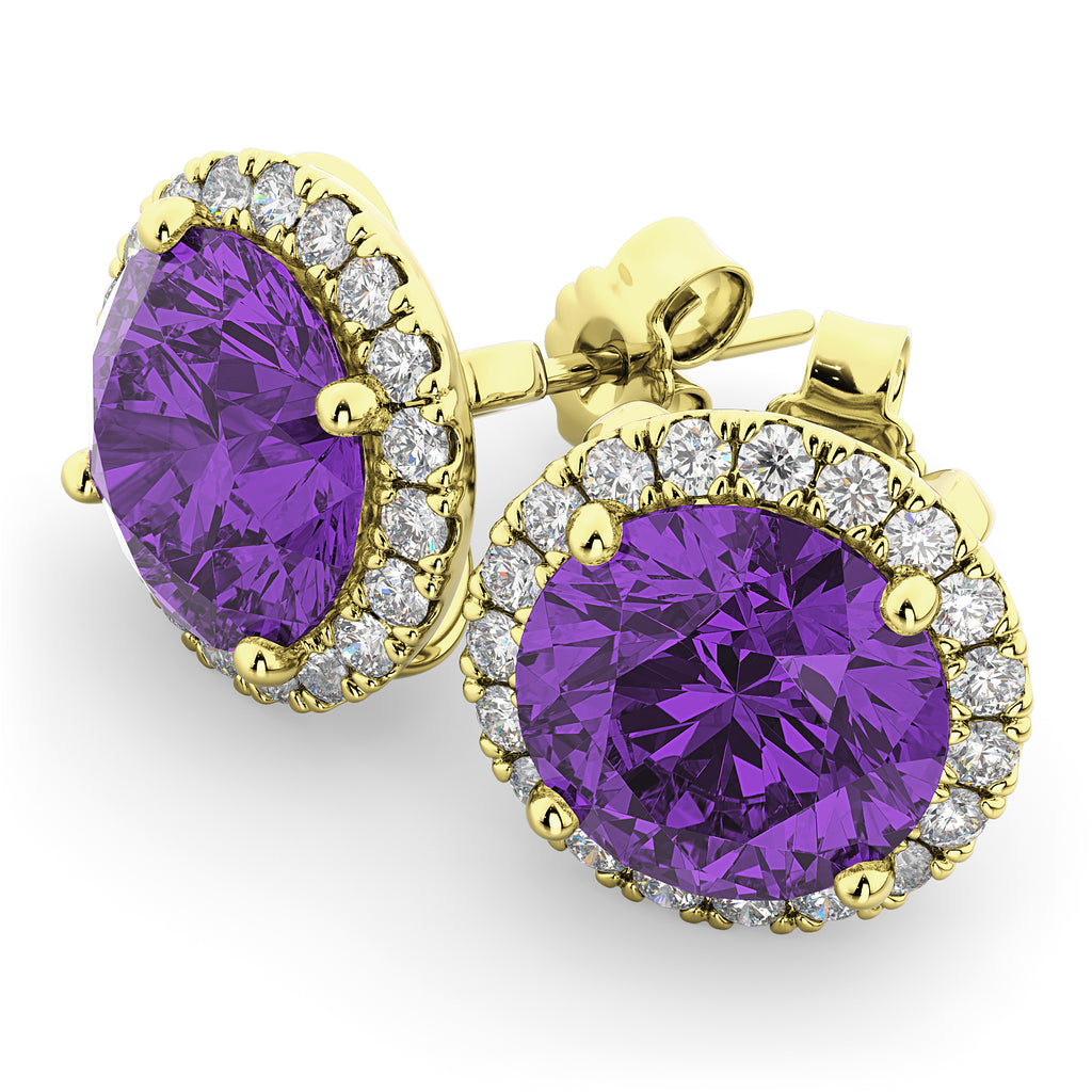 Halo Round Amethyst & Diamond Earrings 14k Yellow Gold (4.17ct)