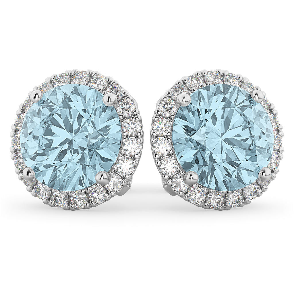 Halo Round Aquamarine & Diamond Earrings 14k White Gold (4.97ct)