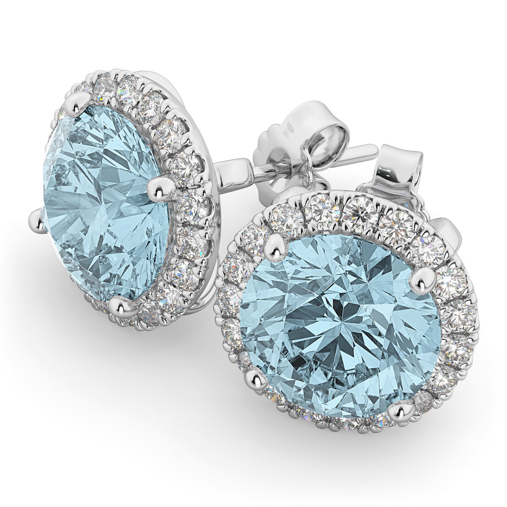 Halo Round Aquamarine & Diamond Earrings 14k White Gold (4.97ct)