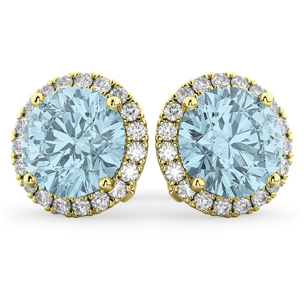 Halo Round Aquamarine & Diamond Earrings 14k Yellow Gold (4.97ct)