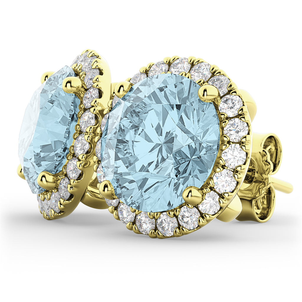 Halo Round Aquamarine & Diamond Earrings 14k Yellow Gold (4.97ct)