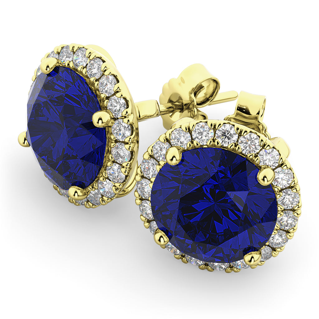 Halo Round Blue Sapphire & Diamond Earrings 14k Yellow Gold (5.17ct)