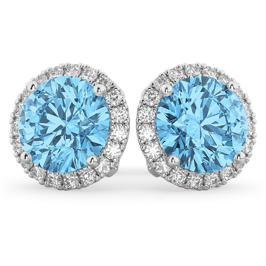 Halo Round Blue Topaz & Diamond Earrings 14k White Gold (5.57ct)