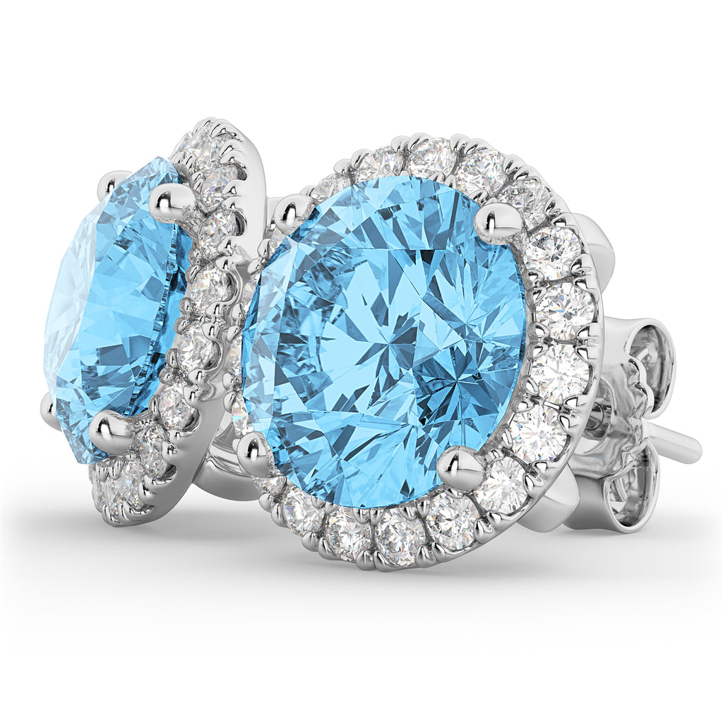 Halo Round Blue Topaz & Diamond Earrings 14k White Gold (5.57ct)