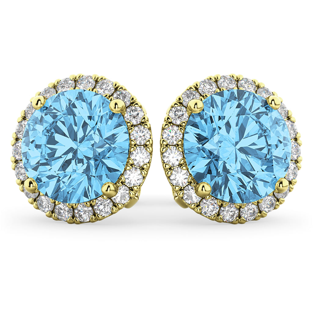 Halo Round Blue Topaz & Diamond Earrings 14k Yellow Gold (5.57ct)