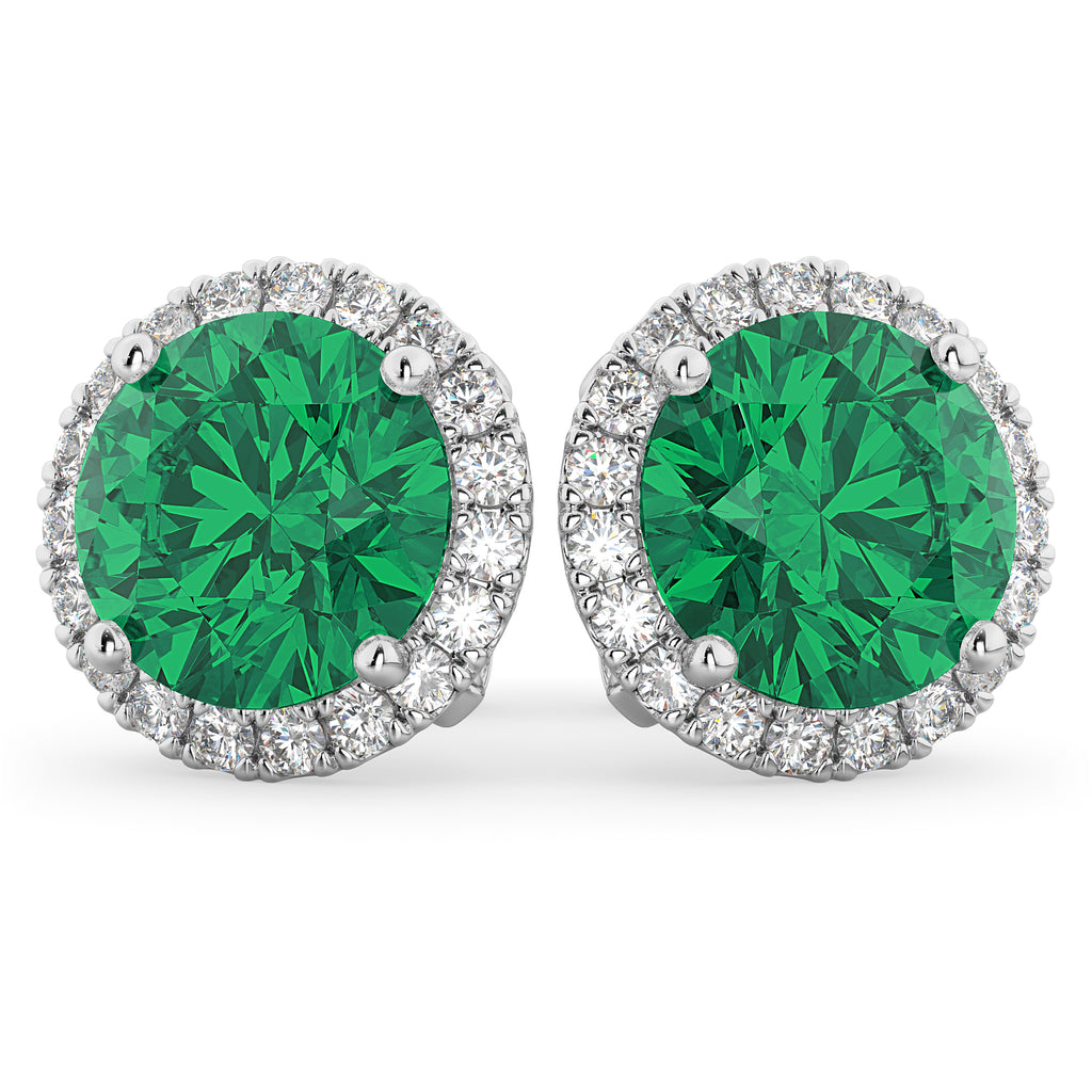 Halo Round Emerald & Diamond Earrings 14k White Gold (4.97ct)