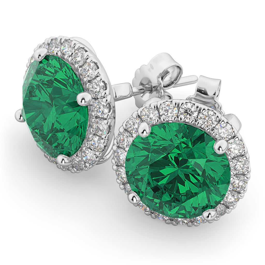 Halo Round Emerald & Diamond Earrings 14k White Gold (4.97ct)
