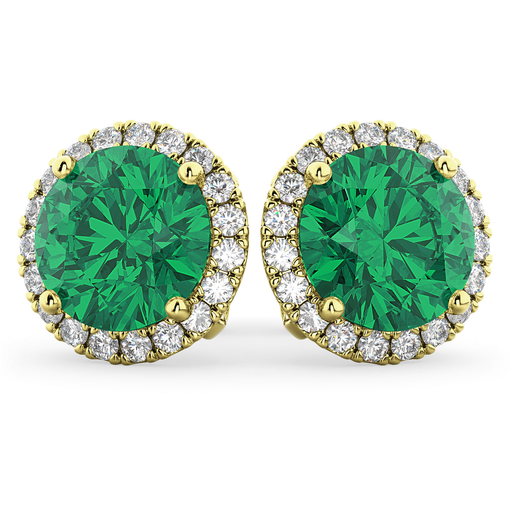 Halo Round Emerald & Diamond Earrings 14k Yellow Gold (4.97ct)