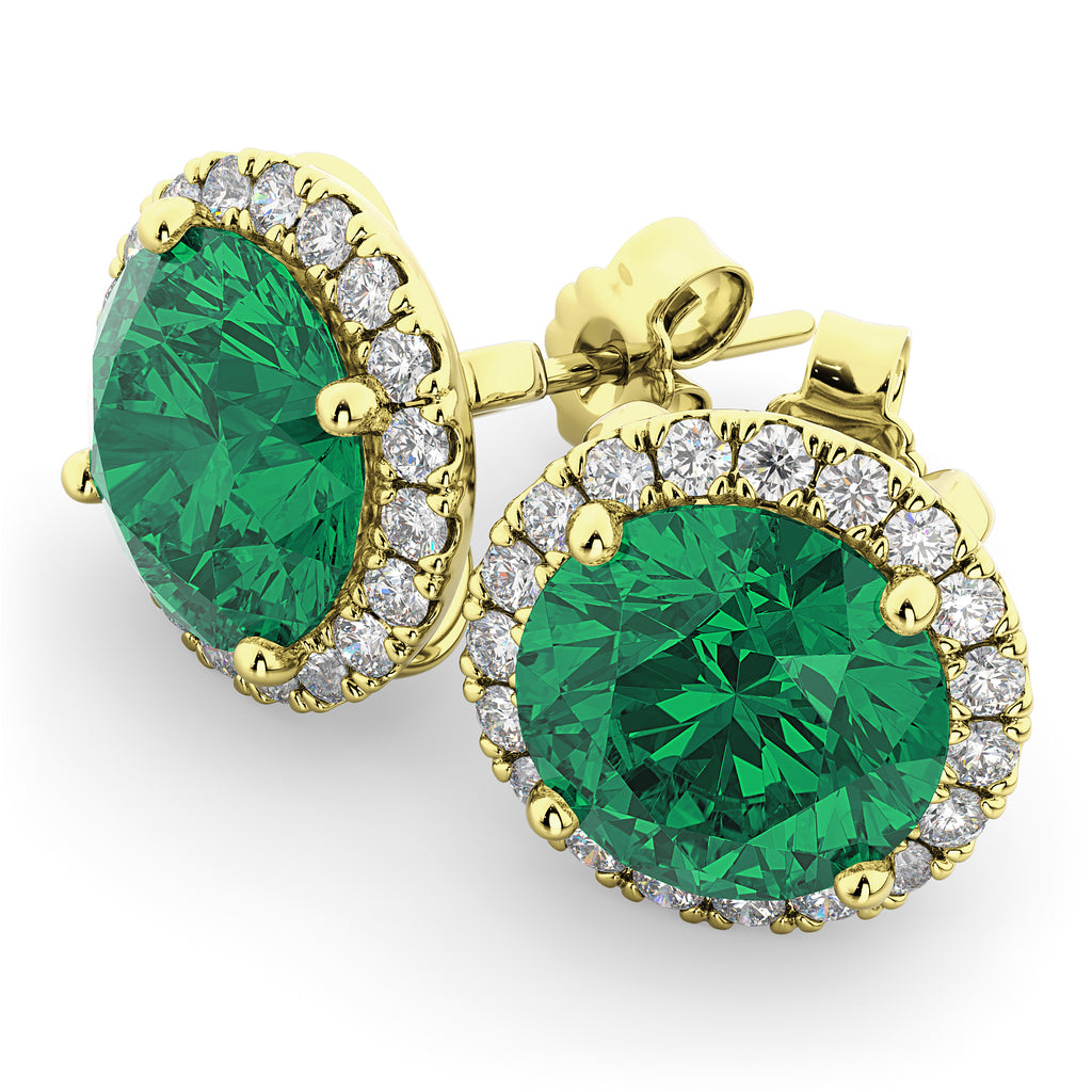 Halo Round Emerald & Diamond Earrings 14k Yellow Gold (4.97ct)