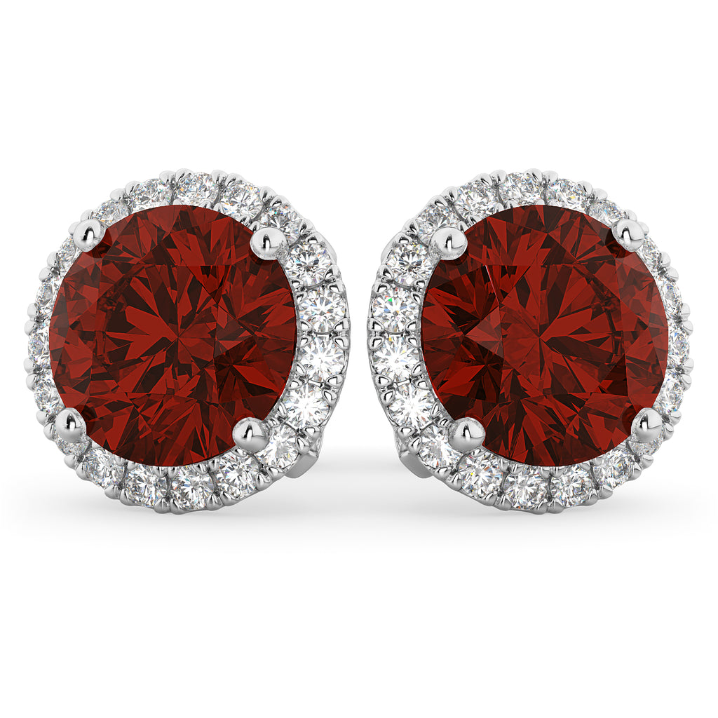 Halo Round Garnet & Diamond Earrings 14k White Gold (5.57ct)