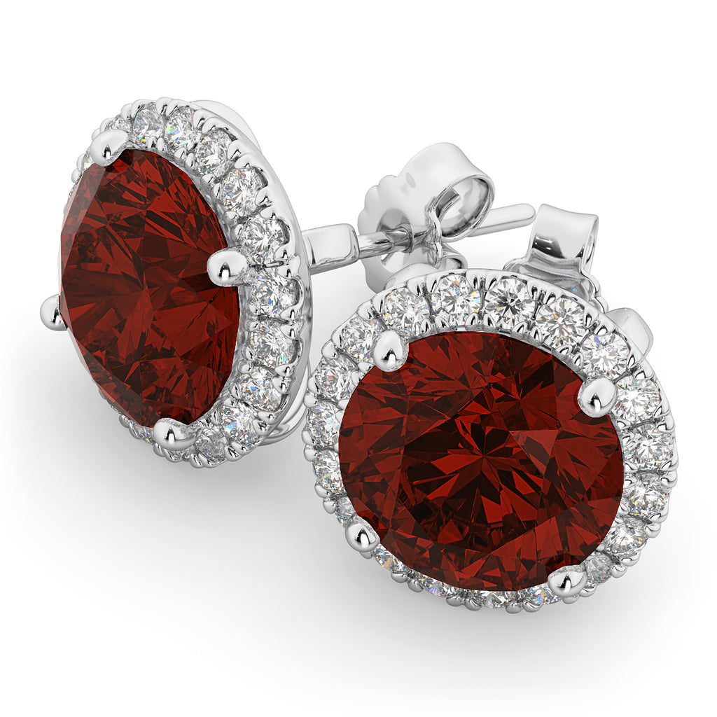 Halo Round Garnet & Diamond Earrings 14k White Gold (5.57ct)