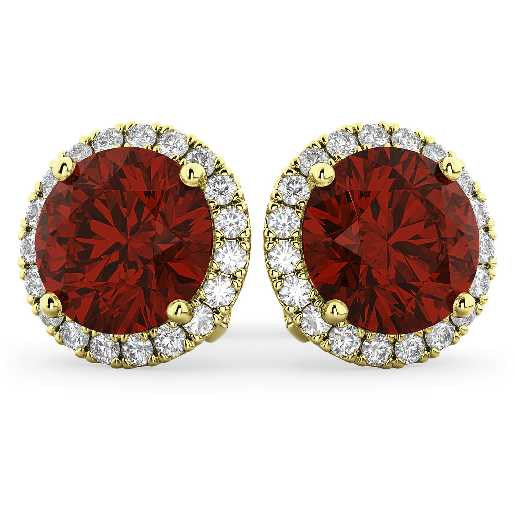 Halo Round Garnet & Diamond Earrings 14k Yellow Gold (5.57ct)