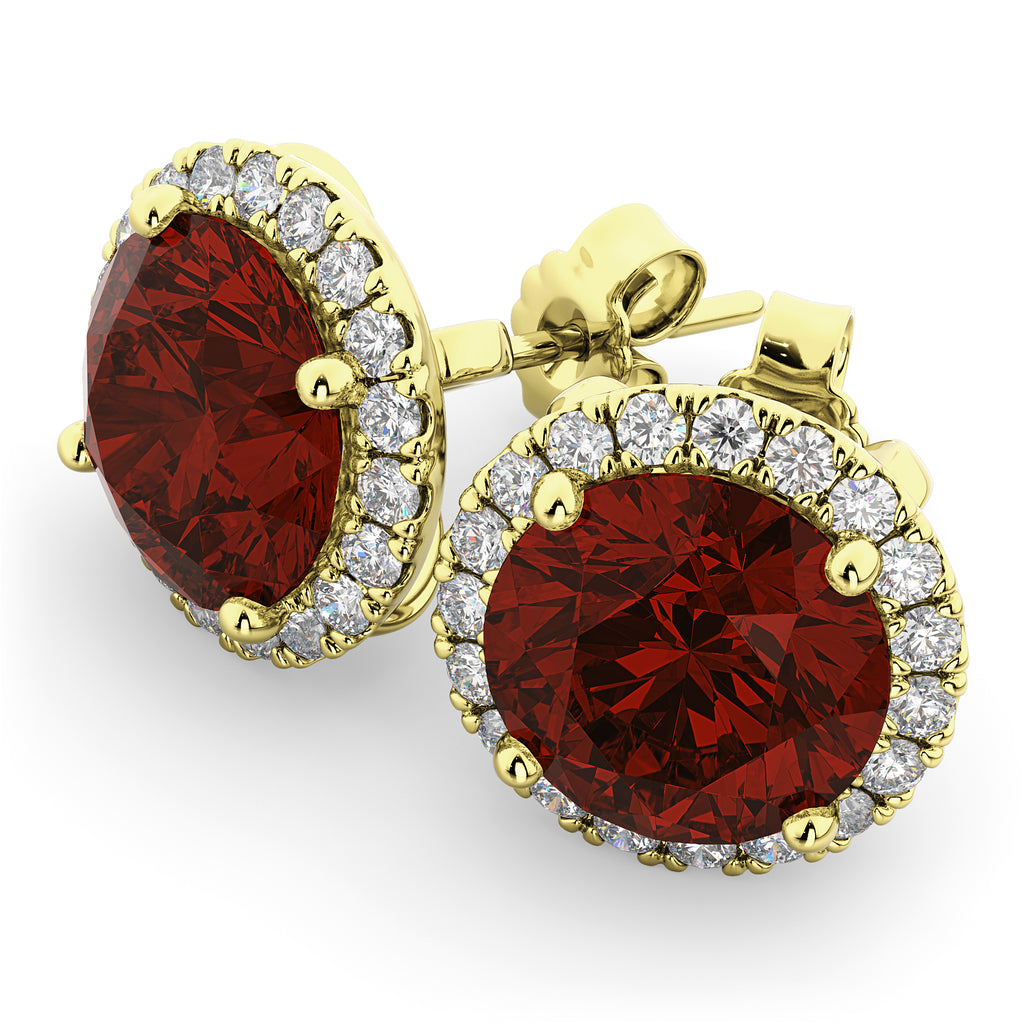 Halo Round Garnet & Diamond Earrings 14k Yellow Gold (5.57ct)