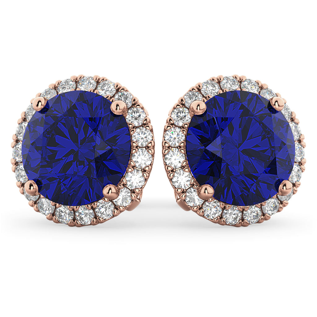 Halo Round Lab Blue Sapphire & Diamond Earrings 14k Rose Gold (5.17ct)