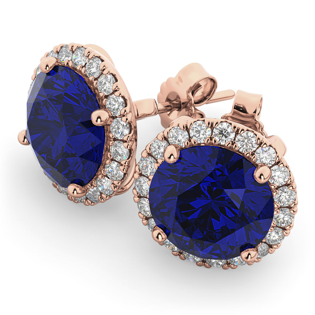 Halo Round Lab Blue Sapphire & Diamond Earrings 14k Rose Gold (5.17ct)