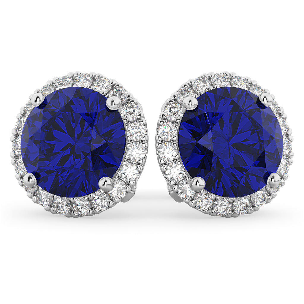 Halo Round Lab Blue Sapphire & Diamond Earrings 14k White Gold (5.17ct)