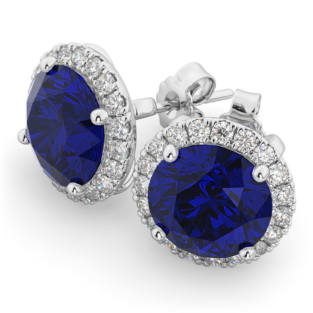 Halo Round Lab Blue Sapphire & Diamond Earrings 14k White Gold (5.17ct)