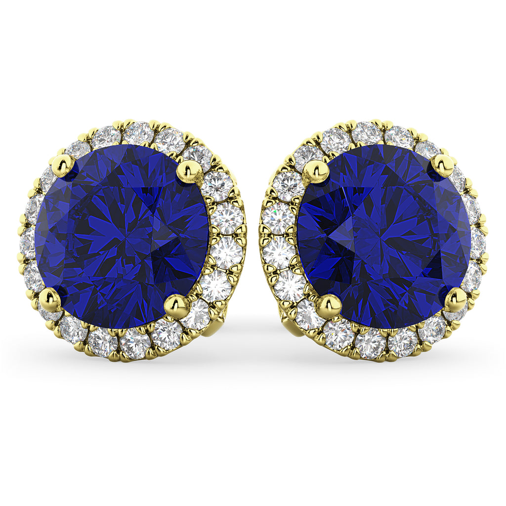 Halo Round Lab Blue Sapphire & Diamond Earrings 14k Yellow Gold (5.17ct)