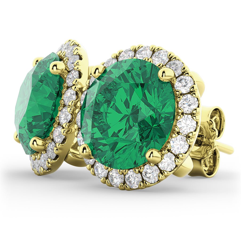 Halo Round Lab Emerald & Diamond Earrings 14k Yellow Gold (4.97ct)