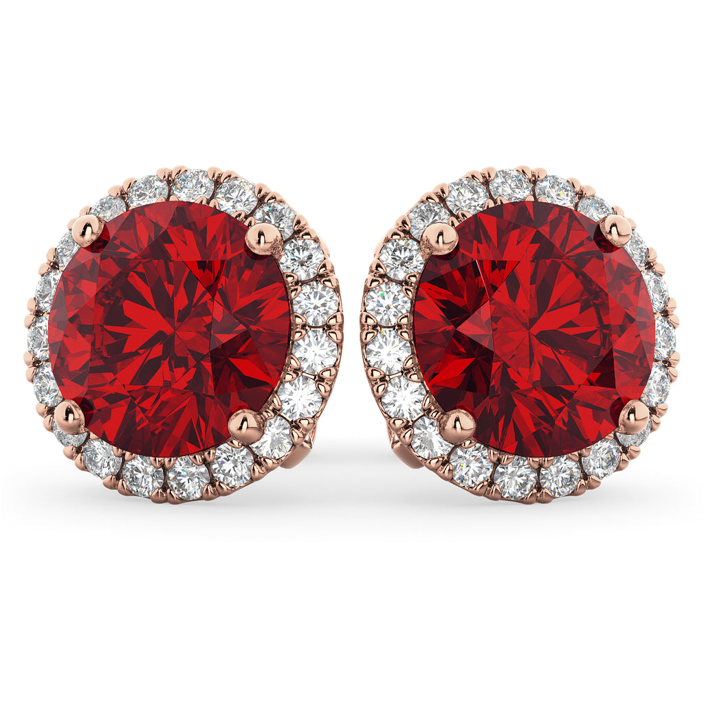 Halo Round Lab Ruby & Diamond Earrings 14k Rose Gold (5.17ct)