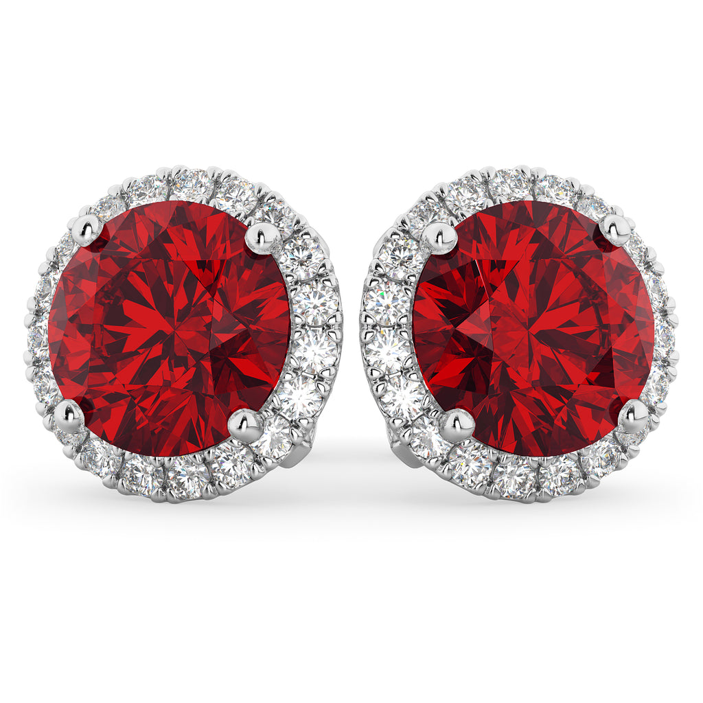 Halo Round Lab Ruby & Diamond Earrings 14k White Gold (5.17ct)
