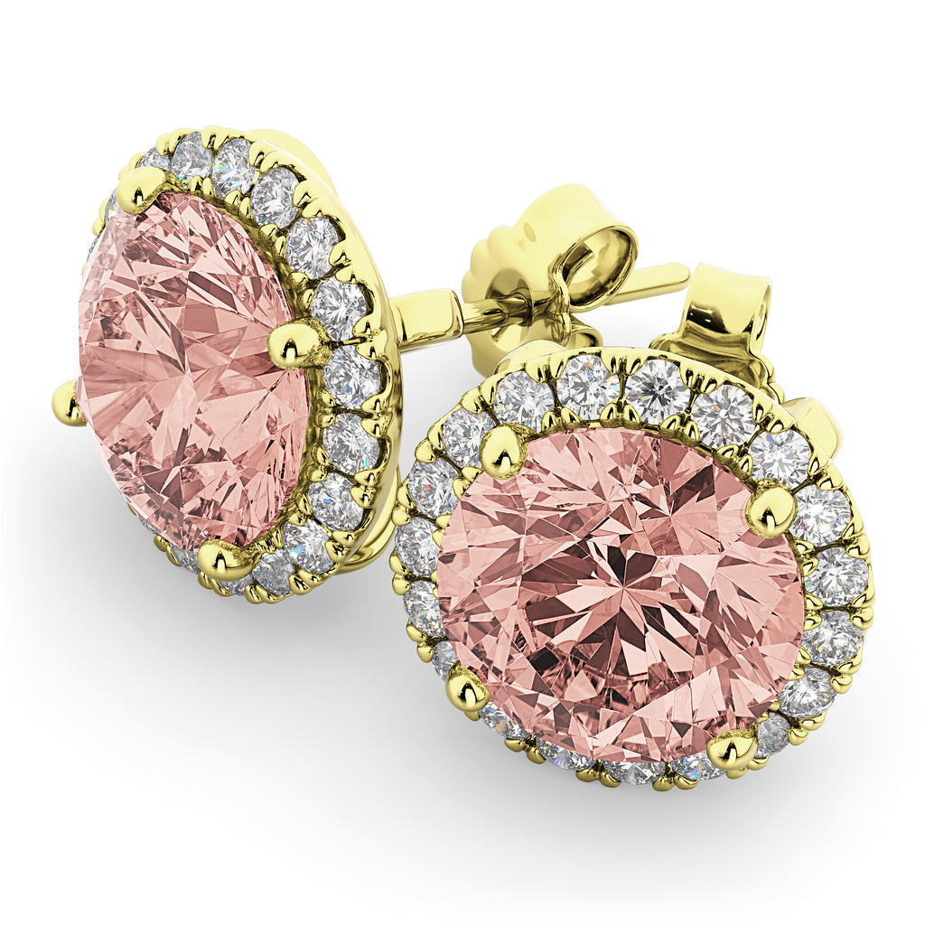 Halo Round Morganite & Diamond Earrings 14k Yellow Gold (4.17ct)