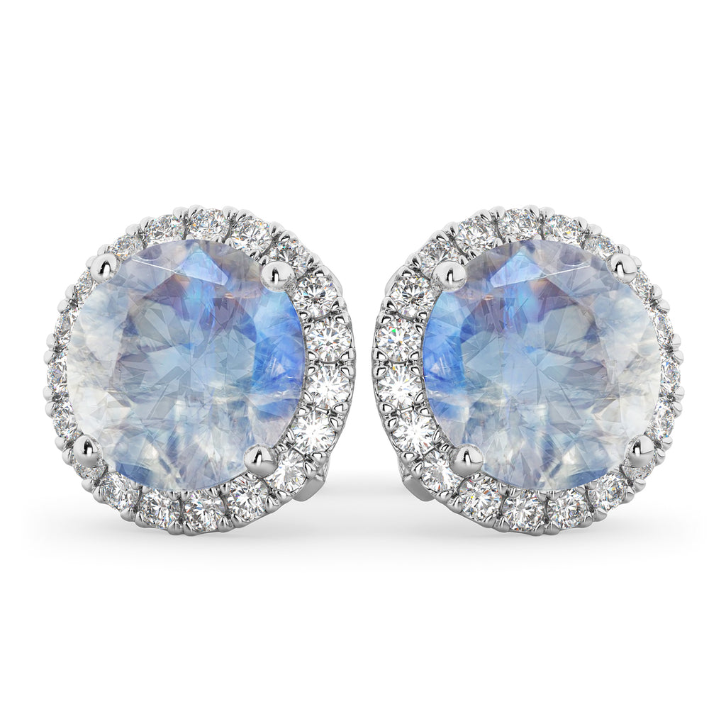 Halo Round Moonstone & Diamond Earrings 14k White Gold (5.57ct)